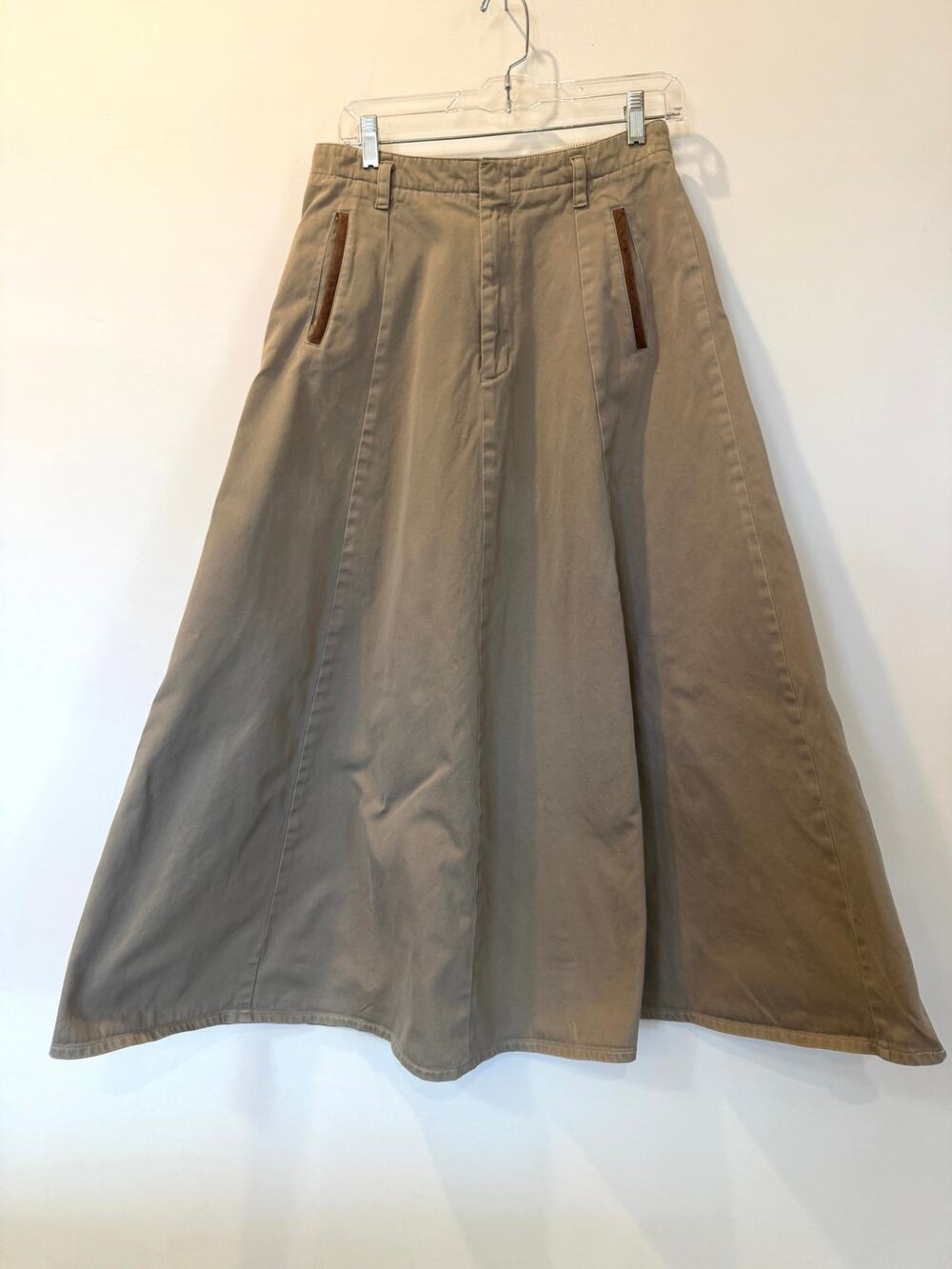 Vtg 80s Banana Republic 100% Cotton Leather Trim A Line Maxi Skirt Tan Sz 12